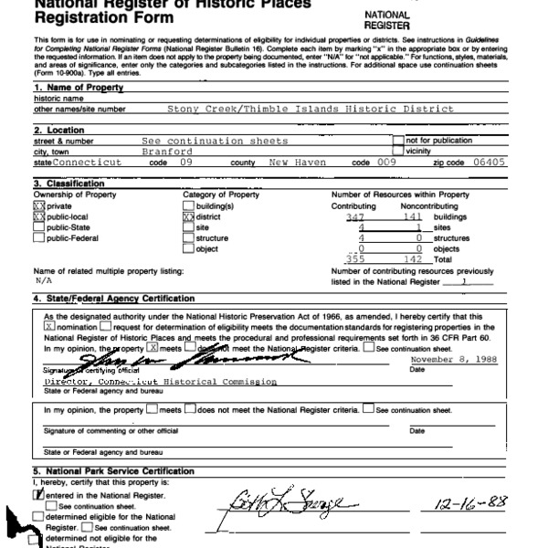 National Register of Historic Places Inventory Nomination Form, Stony Creek &amp; Thimble Islands Historic District