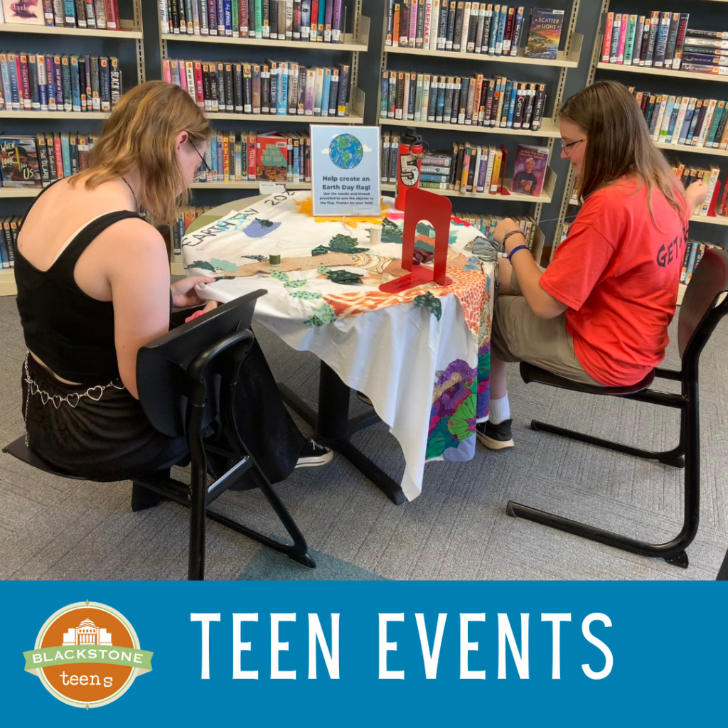 Image reads Teen Events. Picture includes two teens working together on a quilt project.