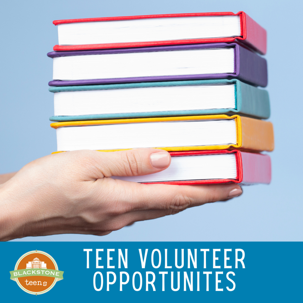 A picture of a  person's hands holding a stack of books. Text Below reads "Teen Volunteer Opportunities."